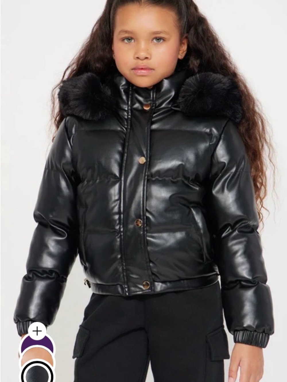 Fashion Nova Girls Black Faux Leather Puffer Jacket with Faux Fur Hood